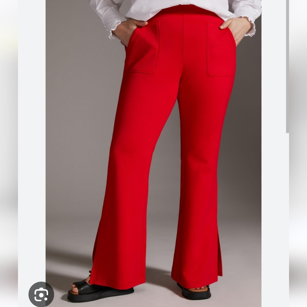Anthropologie Maeve Tomato red knit flare with slits pull-on pants size Large